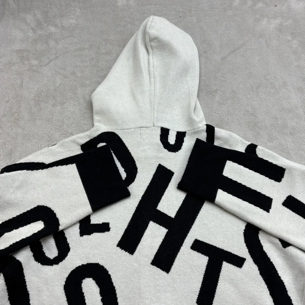 Frank Lyman Zip Hooded Cardigan Womens M White Black Alphabet Chic Avant Garde